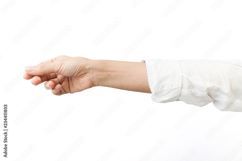 Hand business woman white sleeve on white background, clipping path Isolated. Hand business woman white sleeve on white background, clipping path Isolated.