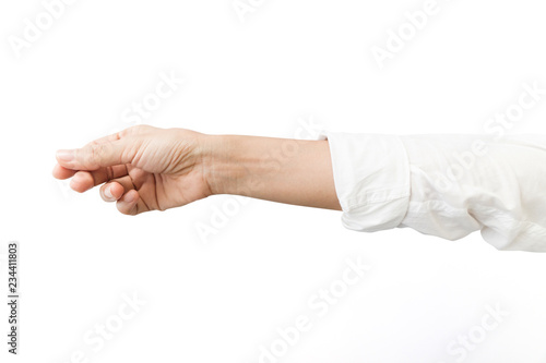 Hand business woman white sleeve on white background, clipping path Isolated. photo