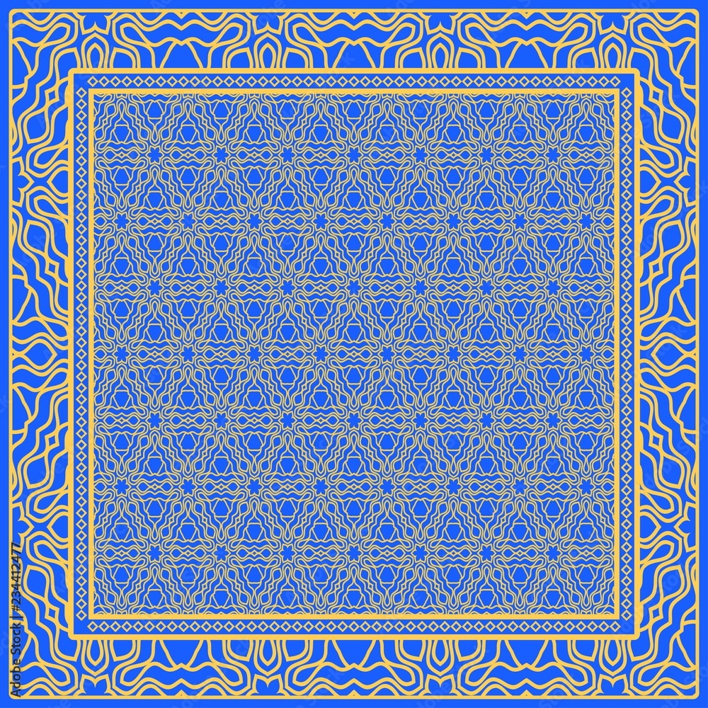 Design of a Scarf with a Geometric Flower Pattern . Vector illustration. Seamless. For Print Bandana, Shawl, Carpet, tablecloth, bed cloth, fashion Design of a Scarf with a Geometric Flower Pattern . Vector illustration. Seamless. For Print Bandana, Shawl, Carpet, tablecloth, bed cloth, fashion