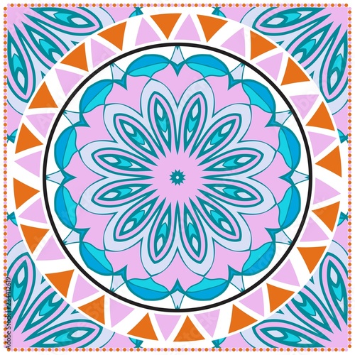 Template print for Sofa Square Pillow. Floral Geometric Pattern with hand-drawing Mandala. illustration. For fabric  textile  bandana  scarg  carpet print