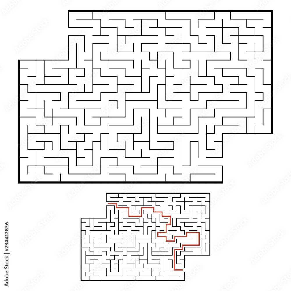 Abstract rectangular maze. Game for kids. Puzzle for children. One entrance, one exit. Labyrinth conundrum. Flat vector illustration. With answer. With place for your image.