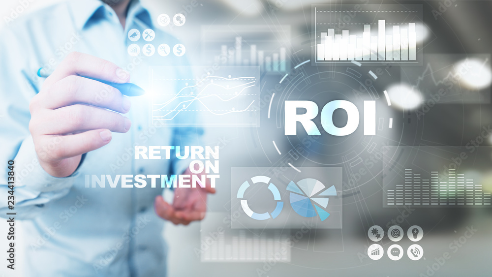 ROI - Return on investment, Trading and financial growth concept on virtual screen. ROI - Return on investment, Trading and financial growth concept on virtual screen.