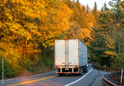 Big rig semi truck transporting semi trailer with cargo on winding road with yellow autumn trees in forest
