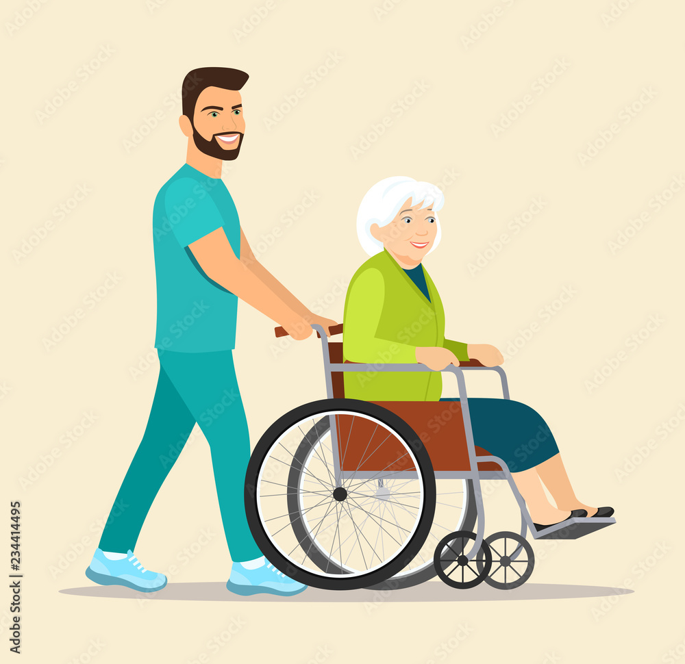 Nurse strolling with elder grey haired woman in wheelchair. Vector flat style illustration Nurse strolling with elder grey haired woman in wheelchair. Vector flat style illustration