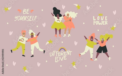 Cute cartoon illustration with heterosexual couples. Different love. Vector.