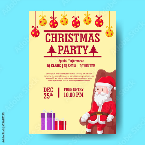 Christmas party poster template with santa claus sitting on the sofa . vector illustration
