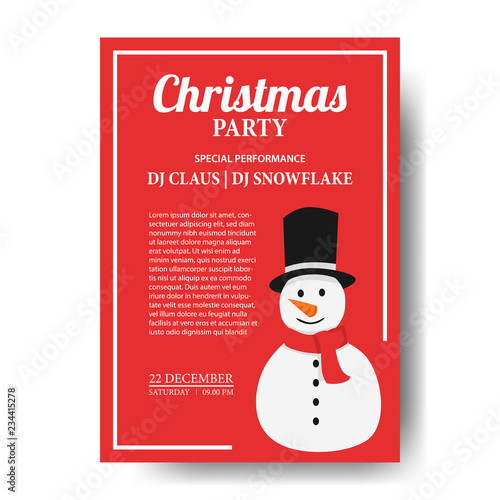 Christmas party poster template with snowman and red background. vector illustration