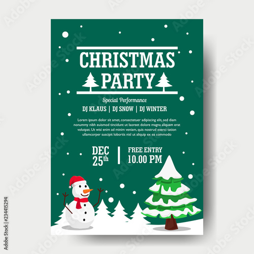 Christmas party poster template with tree and snowman on the snow. vector illustration