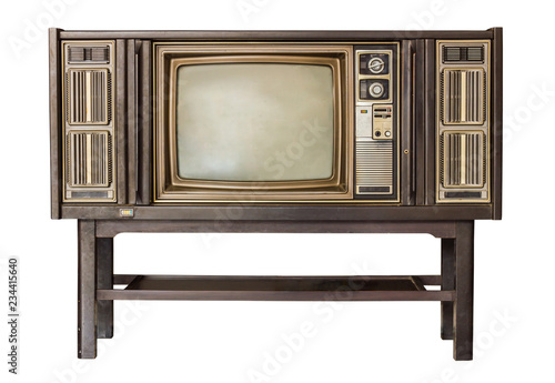old television with leg or stand isolated on white background.