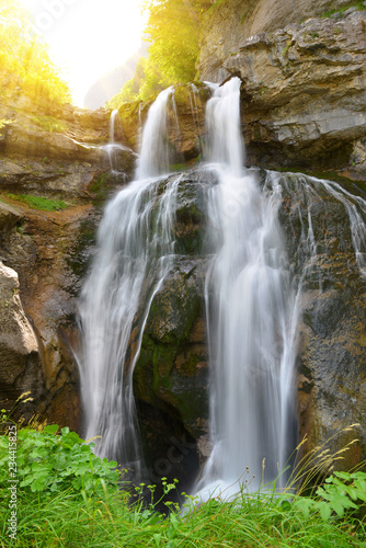 Cascada de la Cueva waterfall in Ordesa and Monte Perdido National Park.  Pyrenees mountain. Province of Huesca  Spain.