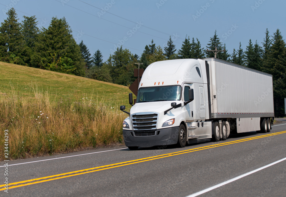 White big rig semi truck transporting dry van semi trailer on the road with trees and meadow background White big rig semi truck transporting dry van semi trailer on the road with trees and meadow background