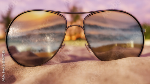 Sunglasses on beach - 3D Illustration