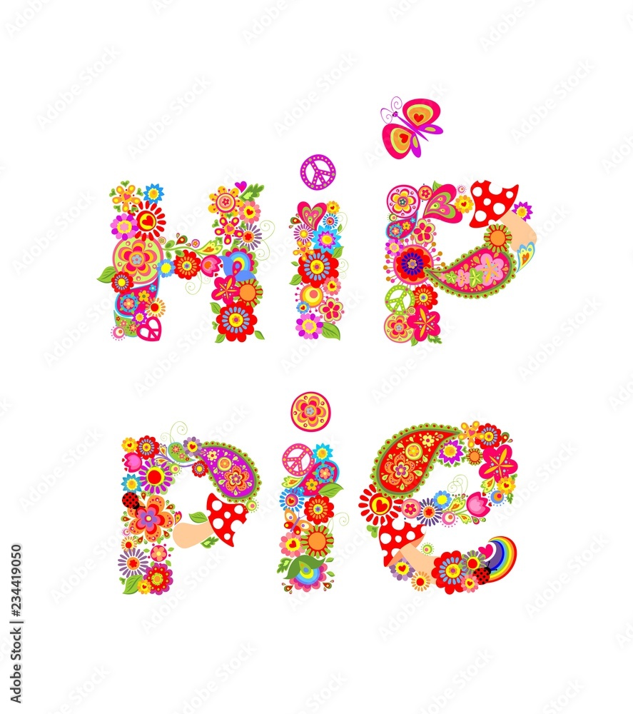 Colorful hippie lettering print with colorful abstract flowers, fly agaric and hippy peace symbol for t shirt design