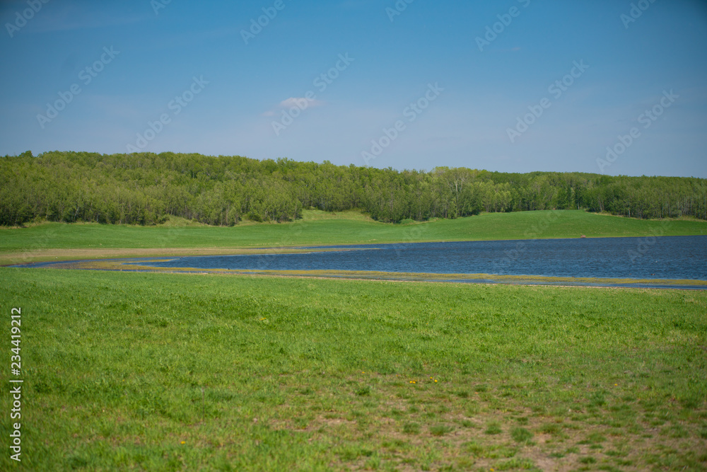 Rural landscape with lake in the distance