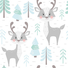 Fototapete Rehkitz-Muster Rehkitz Winterwald Weihnachten Kindermuster  © Vasileva