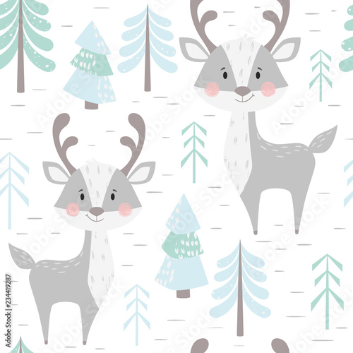 Deer baby winter seamless pattern. Cute animal in snowy forest christmas print.