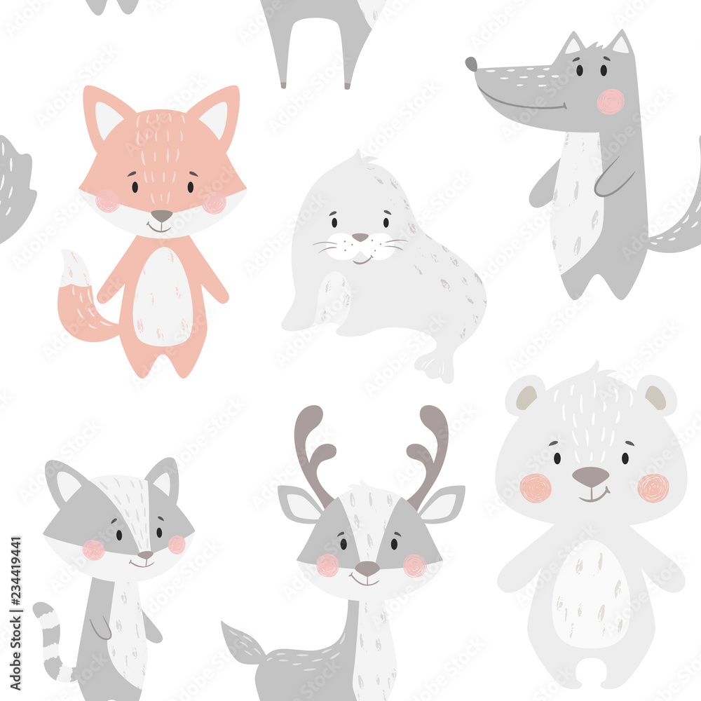 Fox baby winter seamless pattern. Cute animal in snowy forest christmas print