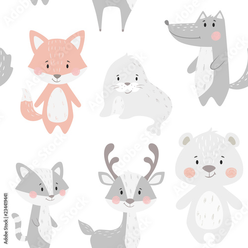 Fototapeta Naklejka Na Ścianę i Meble -  Fox baby winter seamless pattern. Cute animal in snowy forest christmas print