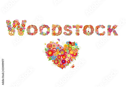 Colorful Woodstock flowers lettering and heart shape with flower power for t shirt print, party poster and other design photo