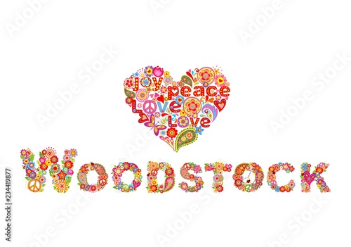 Colorful Woodstock flowers lettering and hippie heart shape for t shirt print, party poster and other design on white background