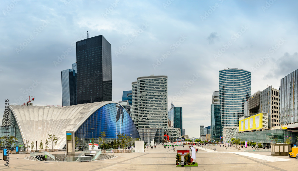 View from La Grande Arche to the business district of La Defence, Paris, France, no people - obrazy, fototapety, plakaty 