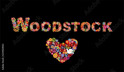 Colorful Woodstock flowers lettering and hippie heart shape with flower power, rainbow and paper dove for t shirt print, party poster and other design on black background