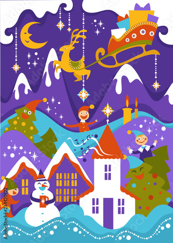 Merry Christmas greeting illustration of mountain snowy landscape with Santas flying reindeer sleigh.