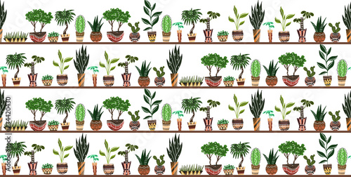 Seamless texture with cartoon home flowers in pots with decorations on shelves on white background. Vector pattern for frames, cards, backgrounds and your creativity