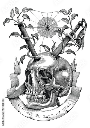 Swords and nails are inserted into the skull in the deserted land. Engraving illustration vintage style for tattoo art.