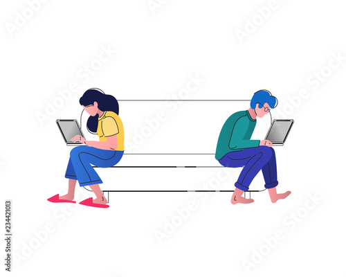 Young couple sitting on the couch with their backs to each other buried in laptops. Relationship communication problem and internet social media network concept. Internet addiction