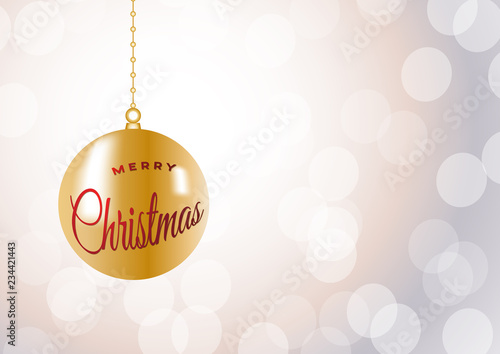 Merry Christmas ball on iridescent glitter festive empty background. Shiny sparkles swirling in air.