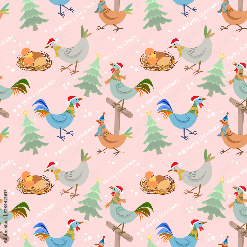 Christmas seamless pattern with chicken and tree in farm Christmas seamless pattern with chicken and tree in farm