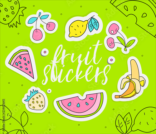 Cute Girl teenager colored fruit summer icon sticker, fashion cute teen and princess line icons. Magic objects - strawberry, cherry, banana, watermelon, lemon hand draw teens icon round form on lime