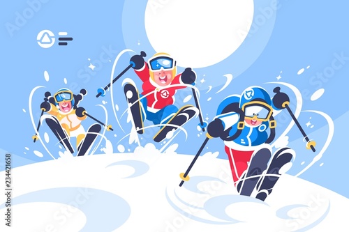 Happy children skiing flat poster