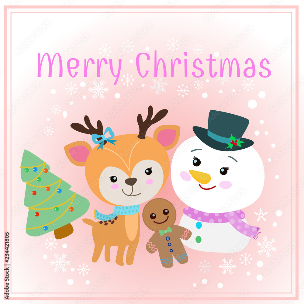 Christmas card with cute deer snowman and tree Christmas card with cute deer snowman and tree