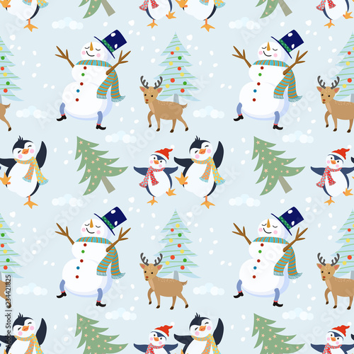  cute penguin, deer snowman and tree seamless pattern