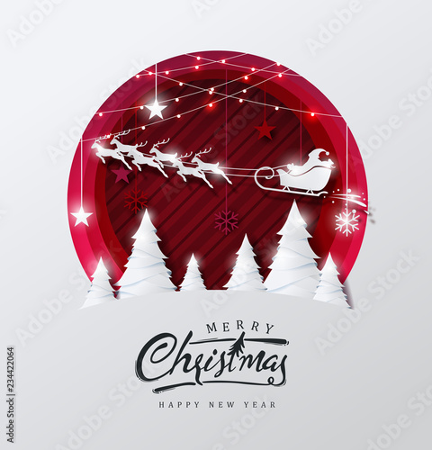 Merry christmas and happy new year background Decorated with Santa Claus and deer landscape paper cut style.Glowing lights Vector Illustration.