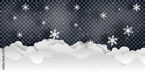Fototapeta Naklejka Na Ścianę i Meble -  Christmas and new year. Falling snow vector isolated on transparent background. Christmas and new year pattern with snowflakes and clouds. Paper clouds and snowflakes.