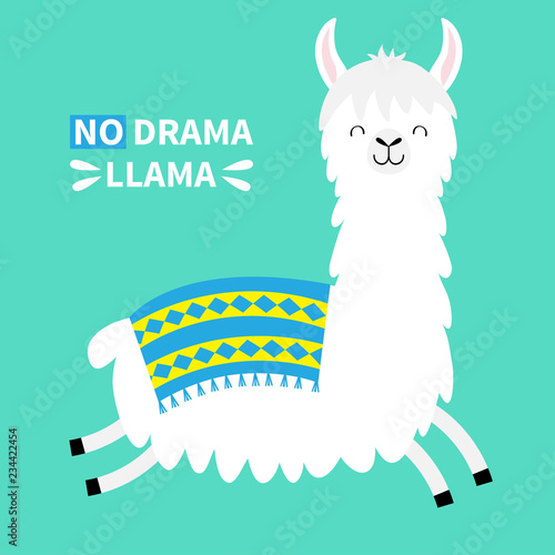 Llama alpaca running jumping. No drama. Cute cartoon funny kawaii smiling character. Childish baby collection. T-shirt, greeting card, poster template print. Flat design. Green background.