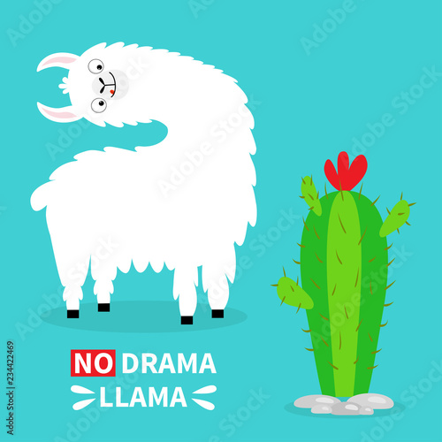 Llama alpaca turning head face, tongue. No drama. Cute cartoon funny kawaii character. Cactus. Childish baby collection. T-shirt, greeting card, poster template print. Flat design. Blue background.