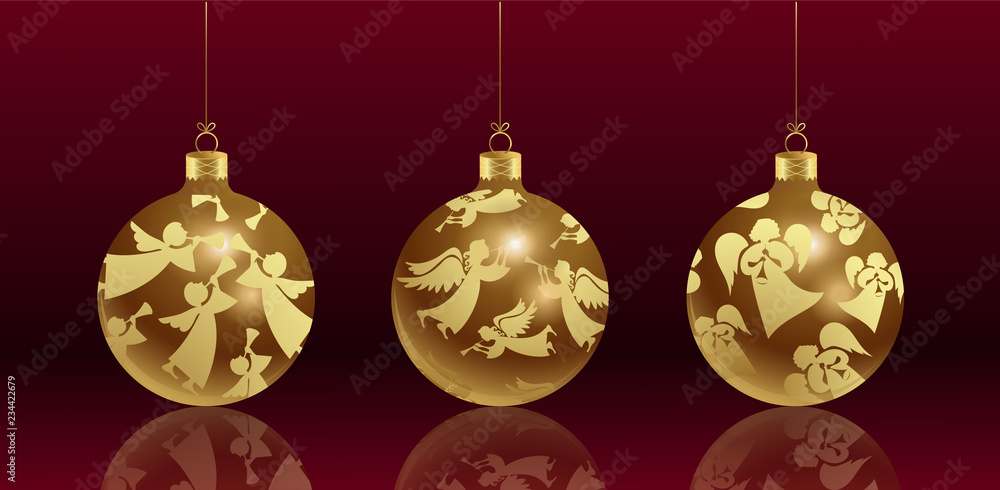 Christmas glass balls with a pattern of golden angels with a mirror reflection. Vector set. Realistic image on red background. Christmas glass balls with a pattern of golden angels with a mirror reflection. Vector set. Realistic image on red background.