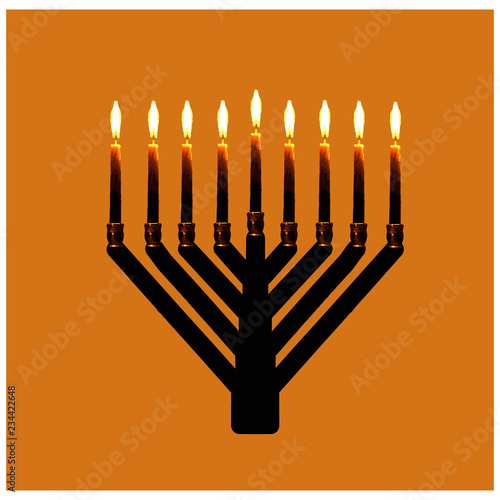 Triangular Chanukiah Hasidic. Jewish holiday Hanukkah. Vector illustration on orange background.