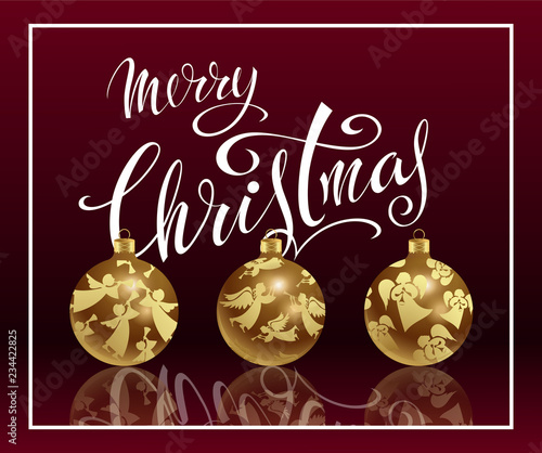 Merry Christmas! Realistic glass Christmas balls with a pattern of golden angels. Set. Lettering. Festive vector poster.