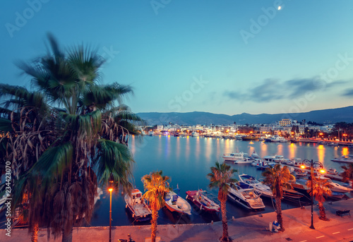 The capital of the island of Kos, Greece, view of the city and marina at sunset, a popular destination for travel in Europe
