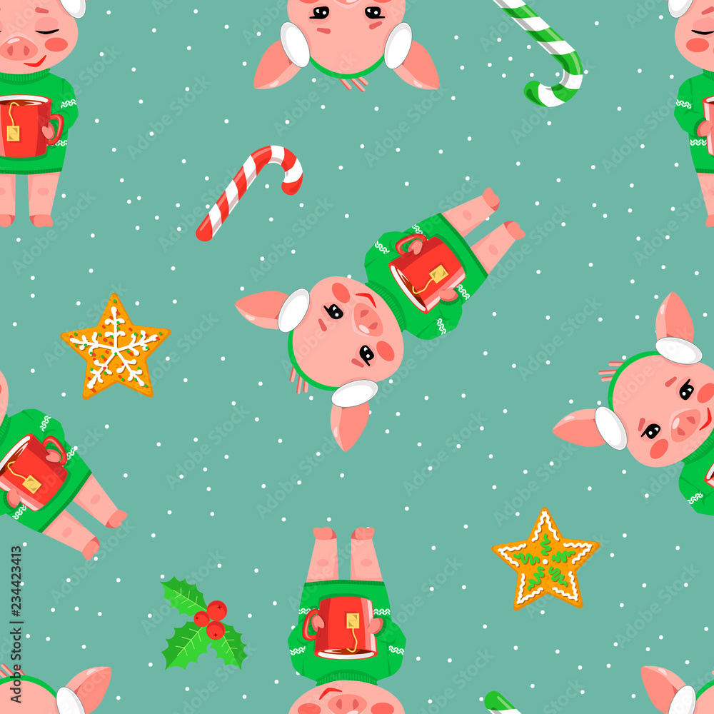 Naklejka premium Christmas seamless pattern with a cute little pig with cup of hot tee, gingerbread and candy on blue background. Vector illustration of a cartoon character of the sign of year 2019