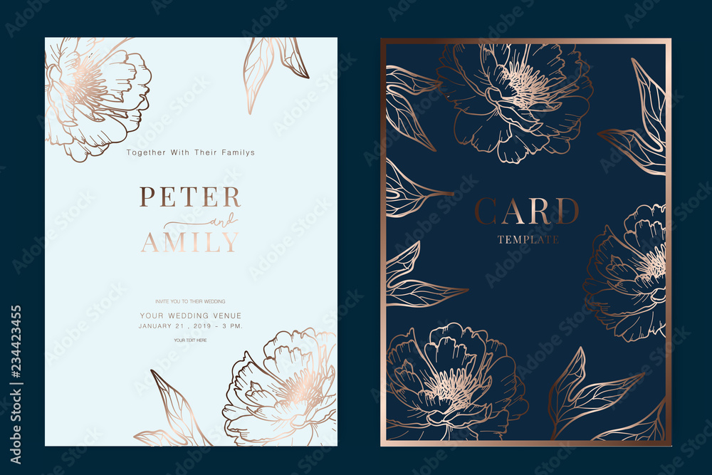 Metallic copper and navy Wedding Invitation, floral invite thank you, rsvp modern card Design in white and blue peony with leaf branches decorative Vector elegant rustic template