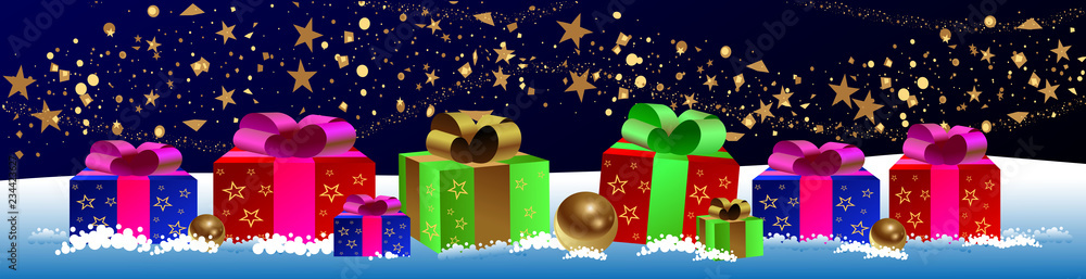 Naklejka premium New Year and Christmas gifts with silk bows and golden stars in the snow. Congratulatory poster. Editable vector image.