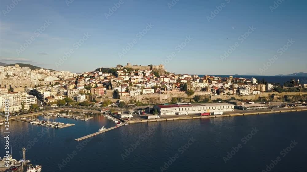 Aerial view of Kavala - Greece - Castle view - drone moves up Aerial view of Kavala - Greece - Castle view - drone moves up