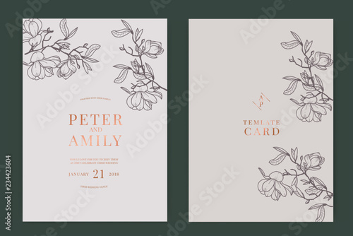 Wedding Invitation, floral invite thank you, rsvp modern card Design in white magnolia with Metallic text and leaf greenery  branches decorative Vector elegant rustic template