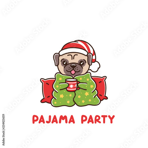 The dog breed pug wrapped in a blanket with stars, with a mug of hot drink. It can be used for sticker, patch, brochures, posters, ads, articles etc.